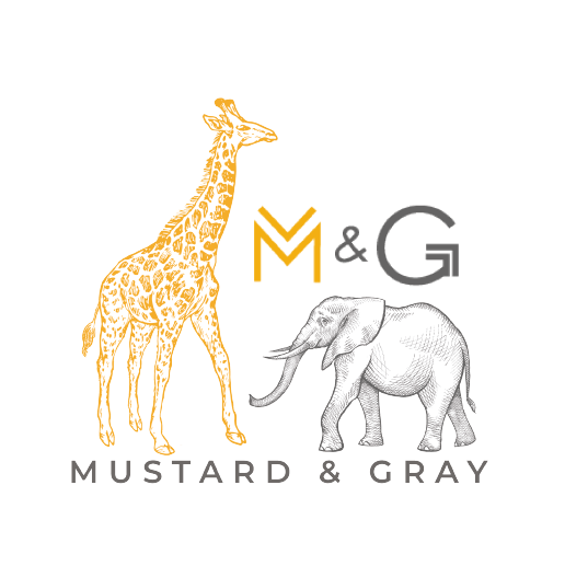 Mustard and Gray Ltd Logo of giraffe and elephant in yellow and grey. M & G. Mustard and Gray are Stationery and Homewares designers, retailers and wholesalers based in Shropshire, UK. We sell worldwide a range of quality made in Britain gifts.