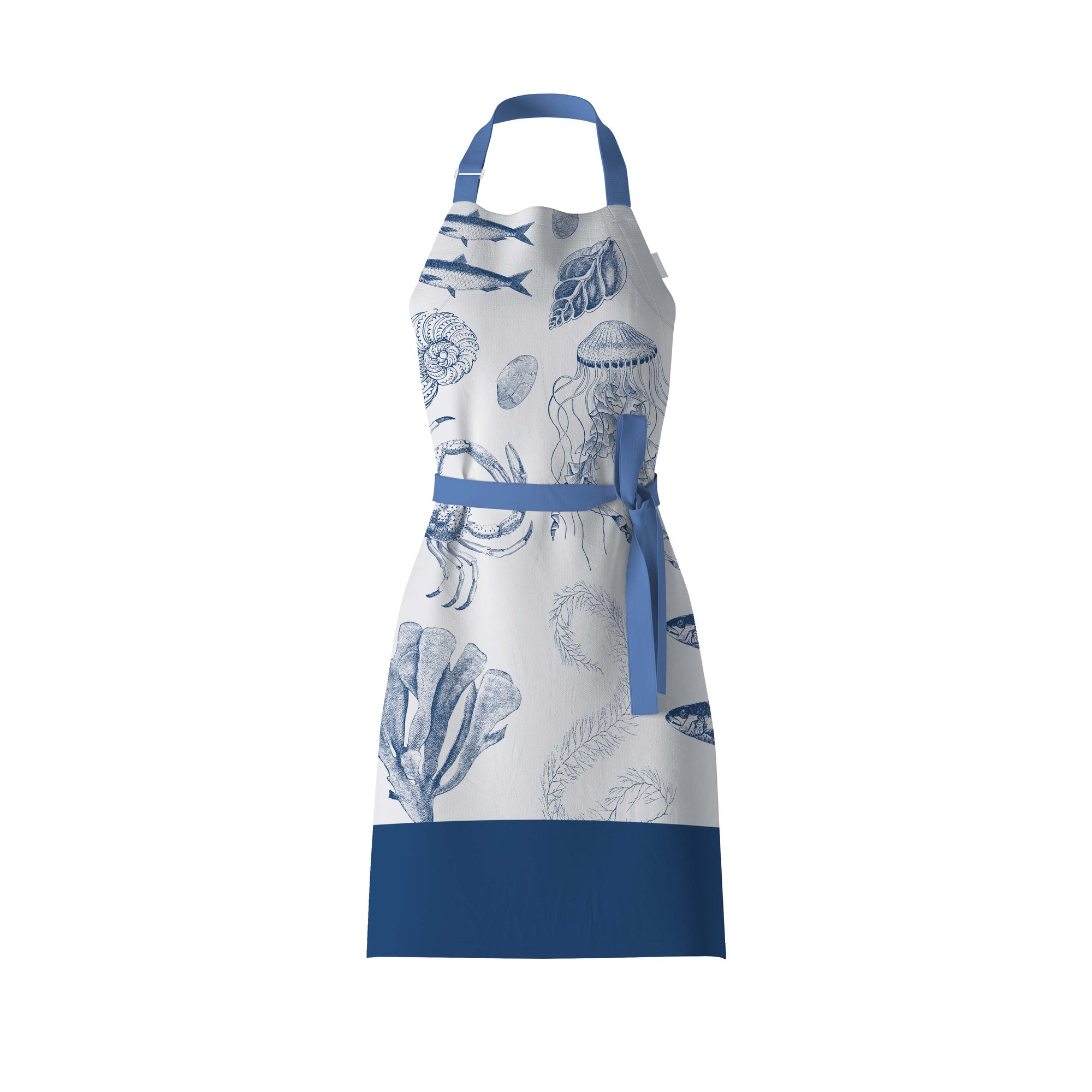 Antiquarian sealife adult bib apron with white cotton body with a blue print of jellyfish, crab, seaweed, fossils and fish with blue cotton neck and waste ties. Blue block at the bottom of the apron. From Mustard and Gray. On isolated background. 