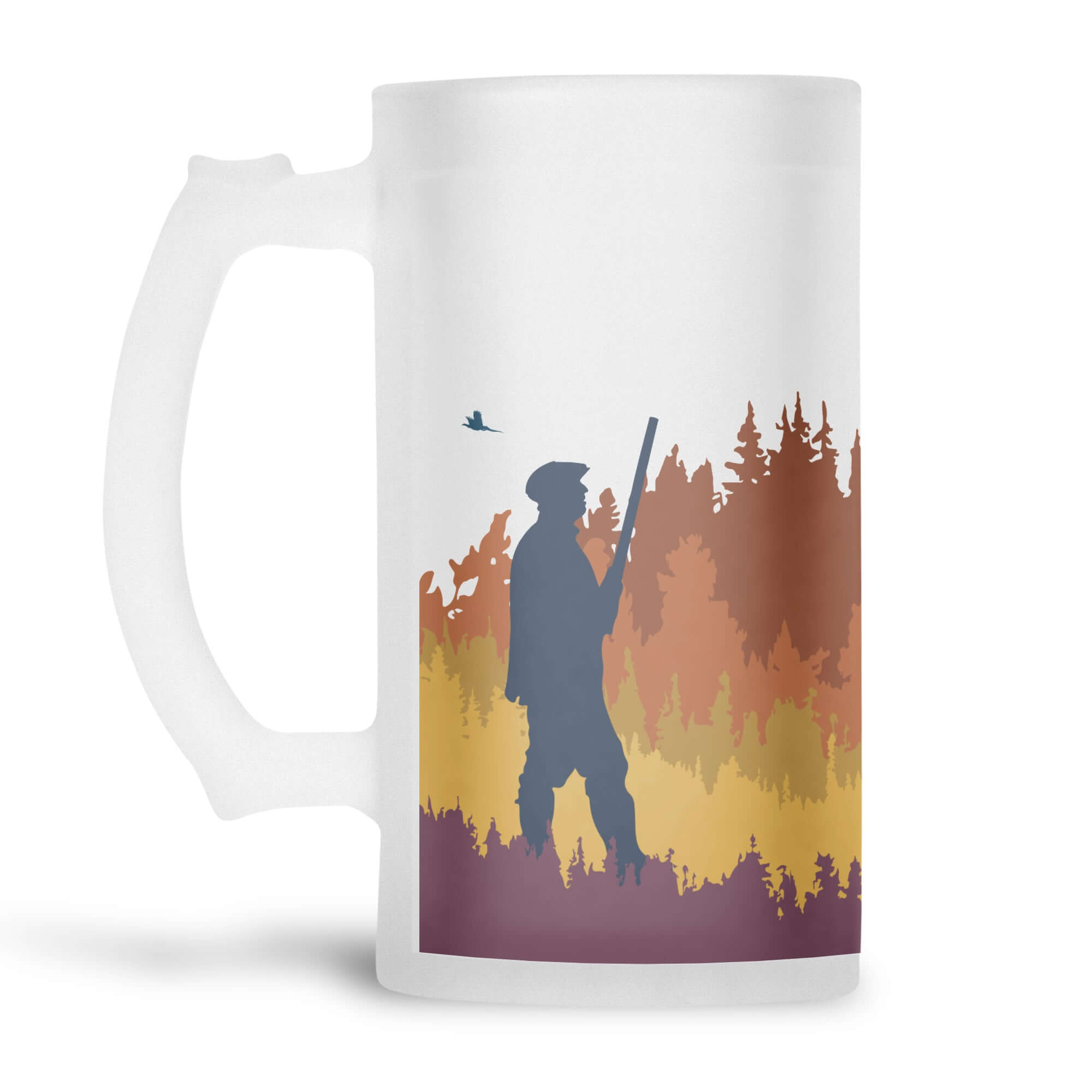 Autumn Game Shoot frosted glass beer stein with handle with autumnal trees in orange and yellow, navy gun and purple brash. Pheasant shooting, duck hunting gift. From Mustard and Gray