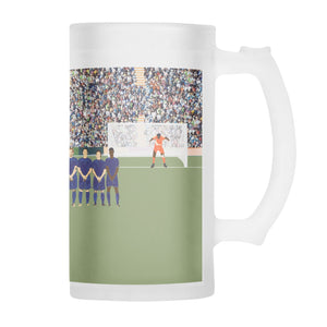 Football free kick with striker, defenders and goal keeper in dront of a soccar goal on a frosted glass beer stein from Mustard and Gray