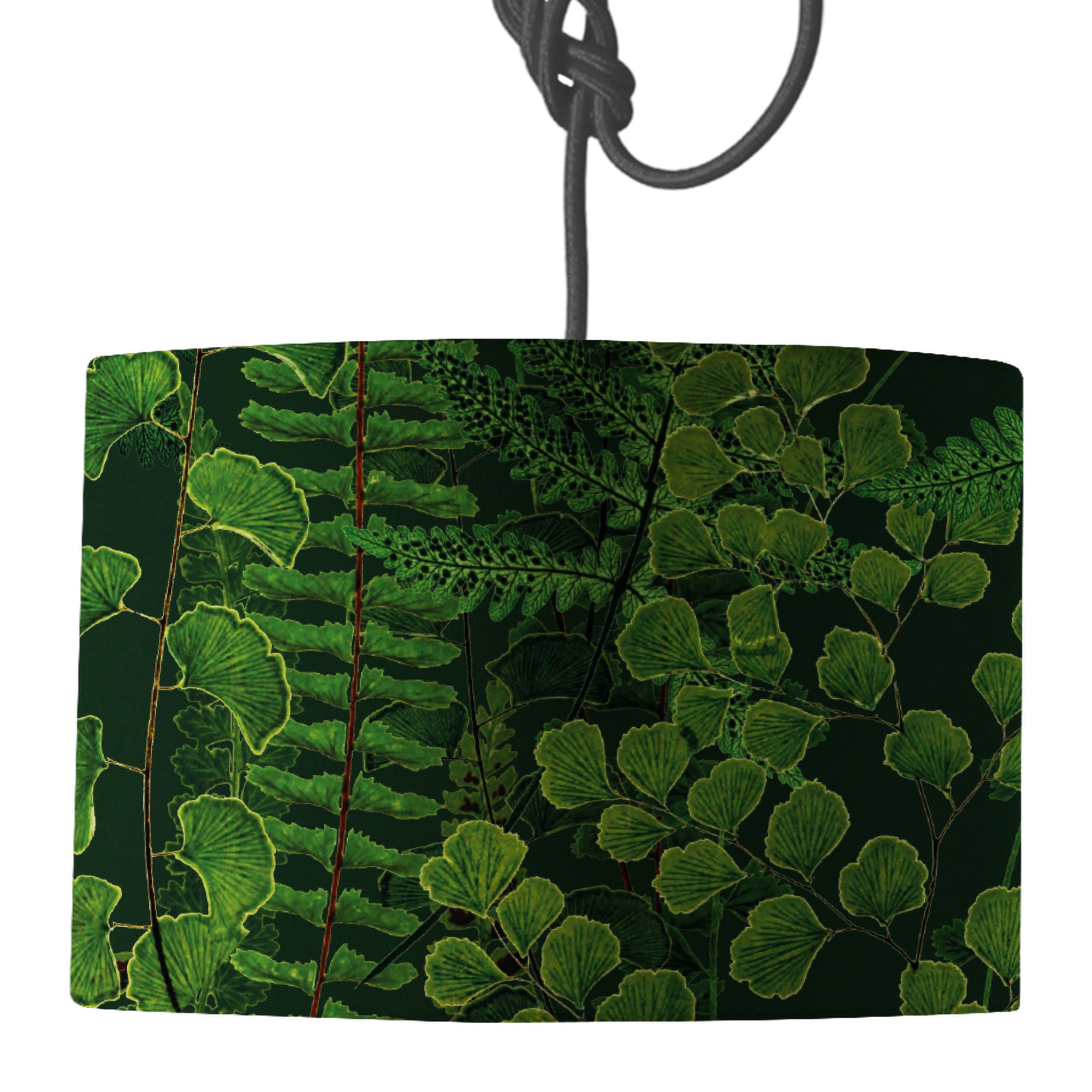 Dark Green Pendant Lampshade featuring ferns and forest floor foliage