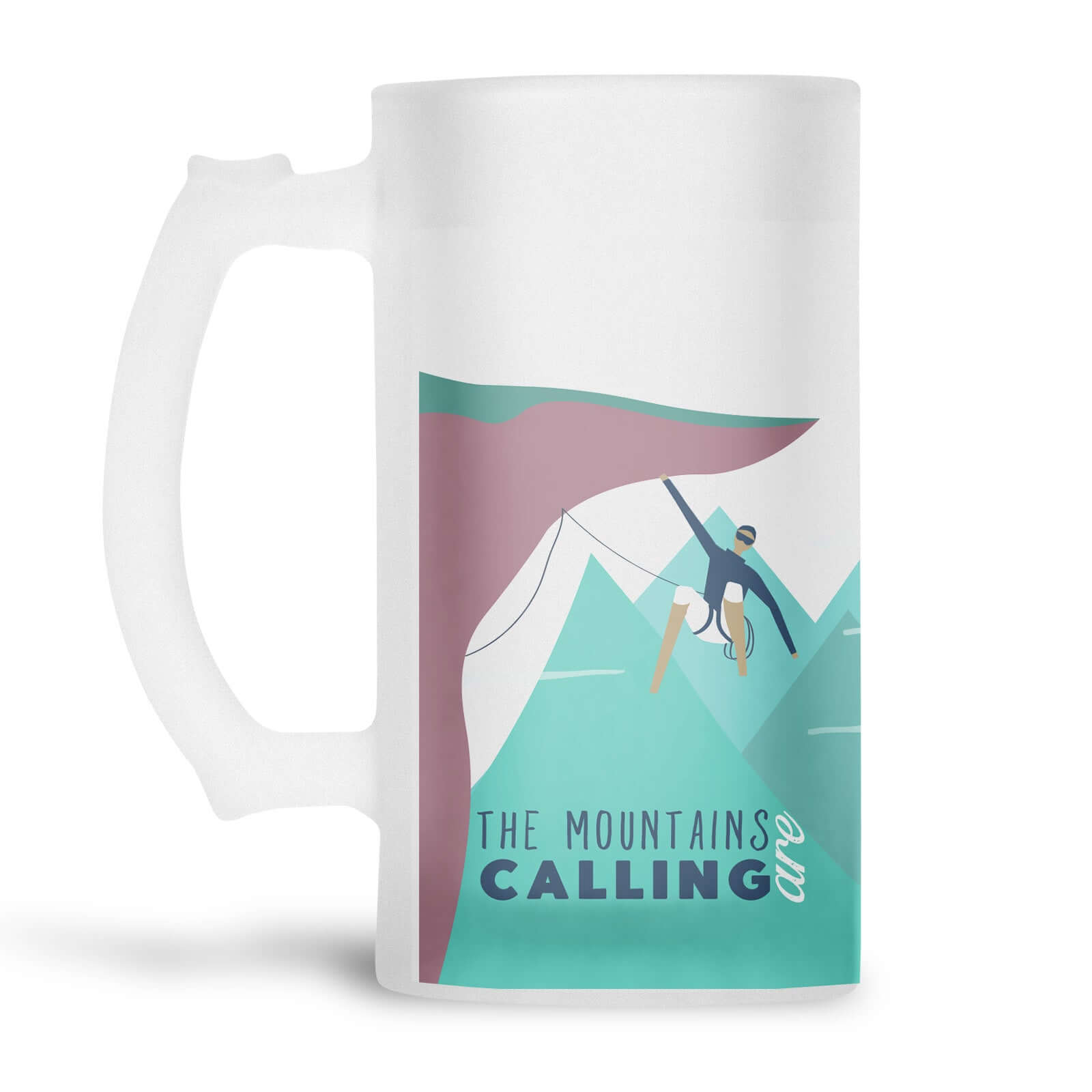 Rock climbing with The mountains are calling slogan printed onto a frosted glass beer stein from Mustard and Gray