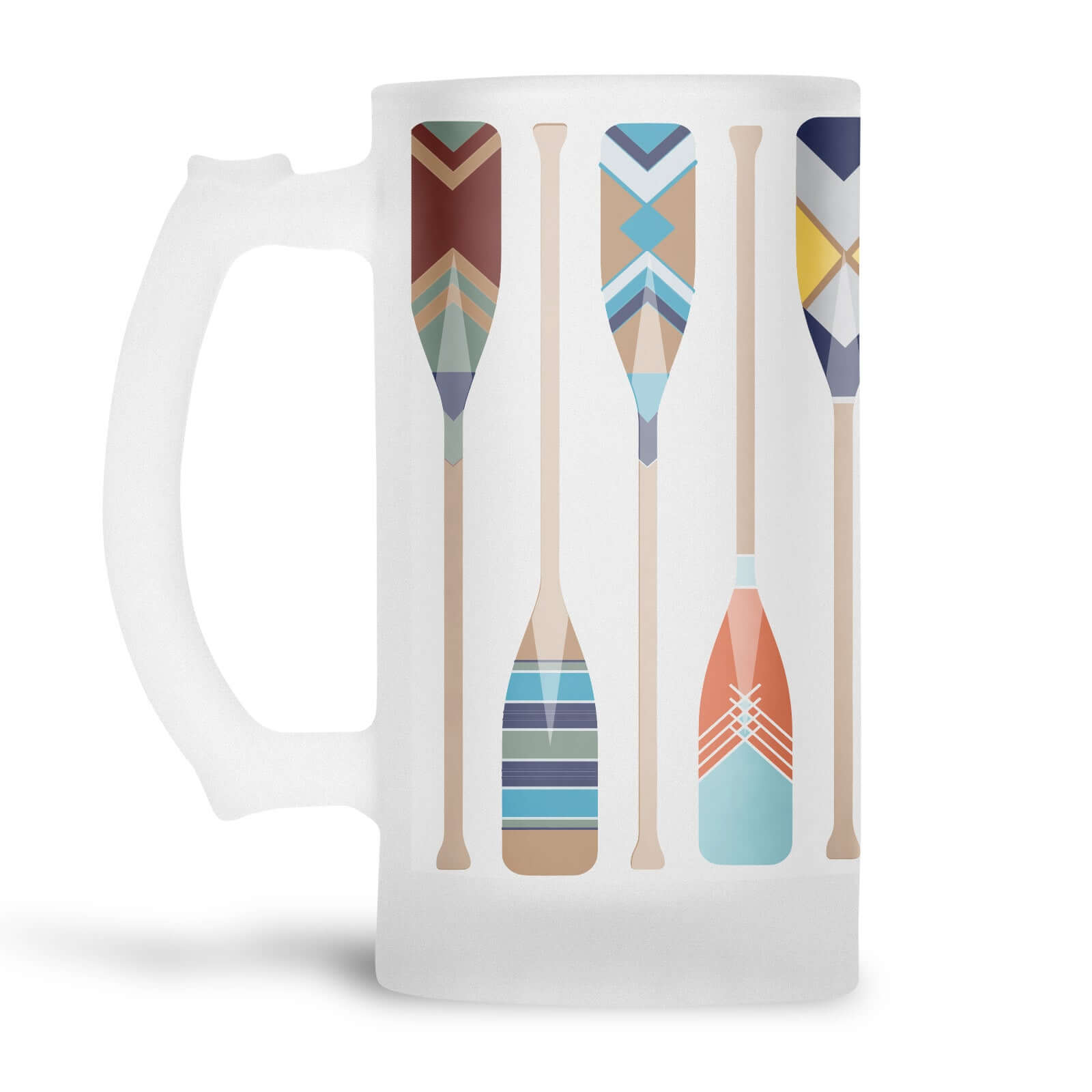 Painted gig rowing oars pattern on a frosted glass beer stein from Mustard and Gray