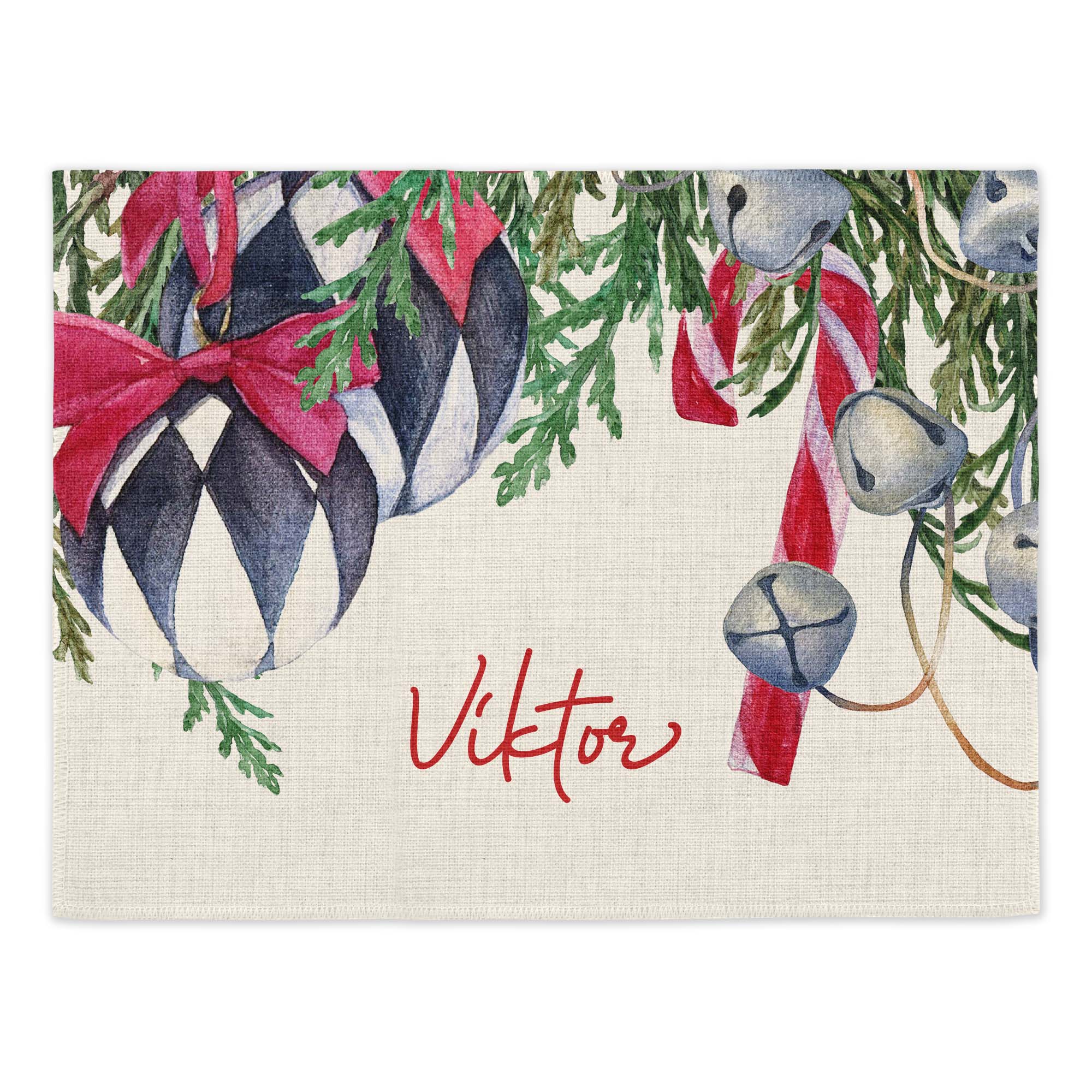 Linen effect polyester placemat with a Christmas tree design featuring silver bells on a string, a candle cane and black and white baubles with red ribbon. The placemat has an area for you to customise with a name or message.