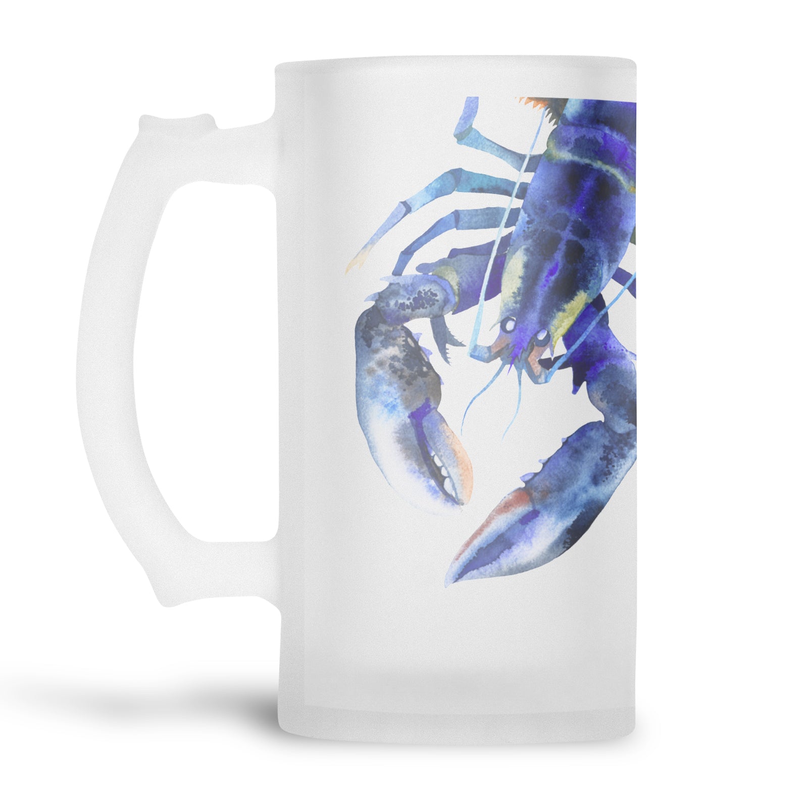 Blue Lobster watercolour illustration printed onto a frosted glass beer stein from Mustard and Gray