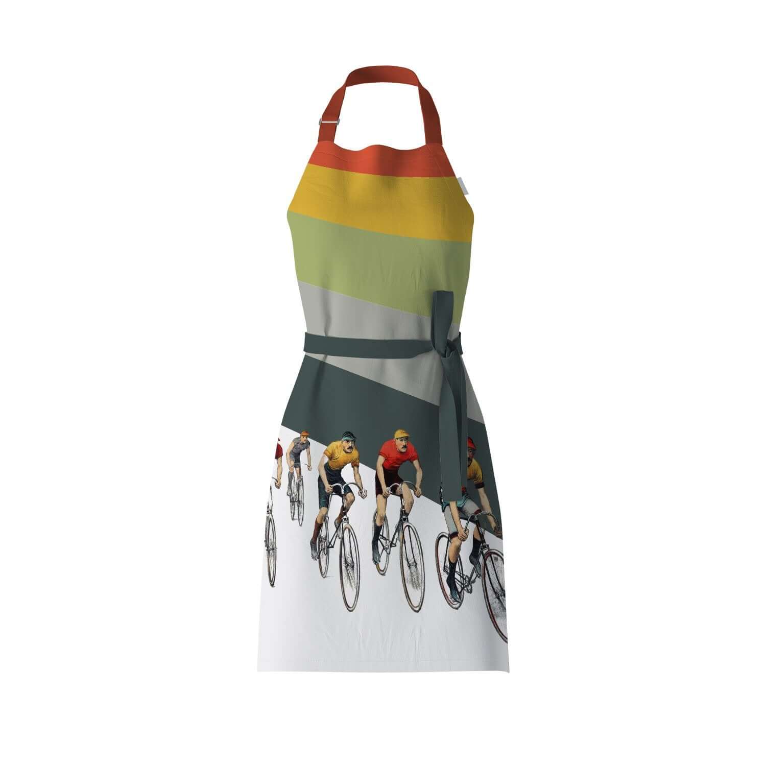 Cameron Vintage Cycling Bib Apron from Mustard and Gray with vintage print of road racing cyclists with moustaches, against stripes of red, yellow, green and grey. 