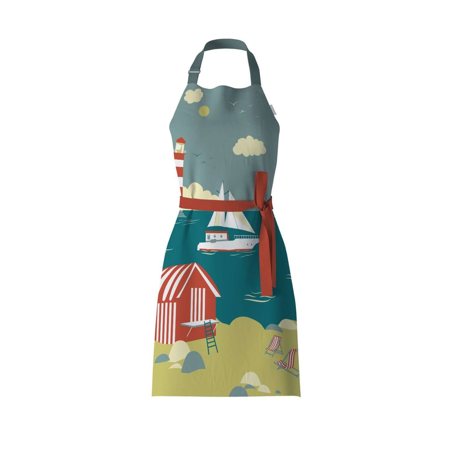 Charlie's Coast Apron with beach, beach hut, yacht, lighthouse, deck chairs and seaside scene on an adults kitchen apron from mustard and Gray 