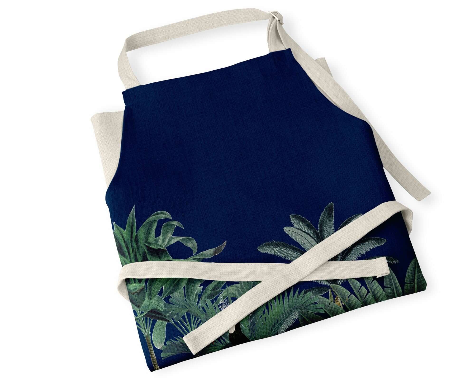 Blue Kictehn apron with Darwin's Menagerie scene including zebra, leopard, peacock and palms on bib apron from mustard and gray with contrasting neck and wasit ties