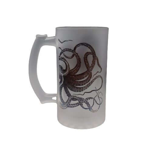 Black Kraken Squid Octopus Tenticles on a Frosted Glass Beer Stein from Mustard and Gray