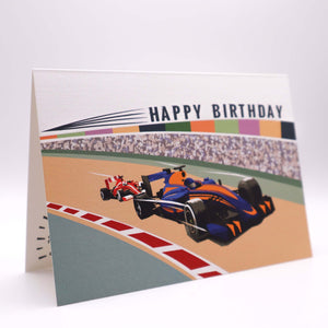 Motor Racing Birthday Card Greetings Card Mustard and Gray Ltd Shropshire UK