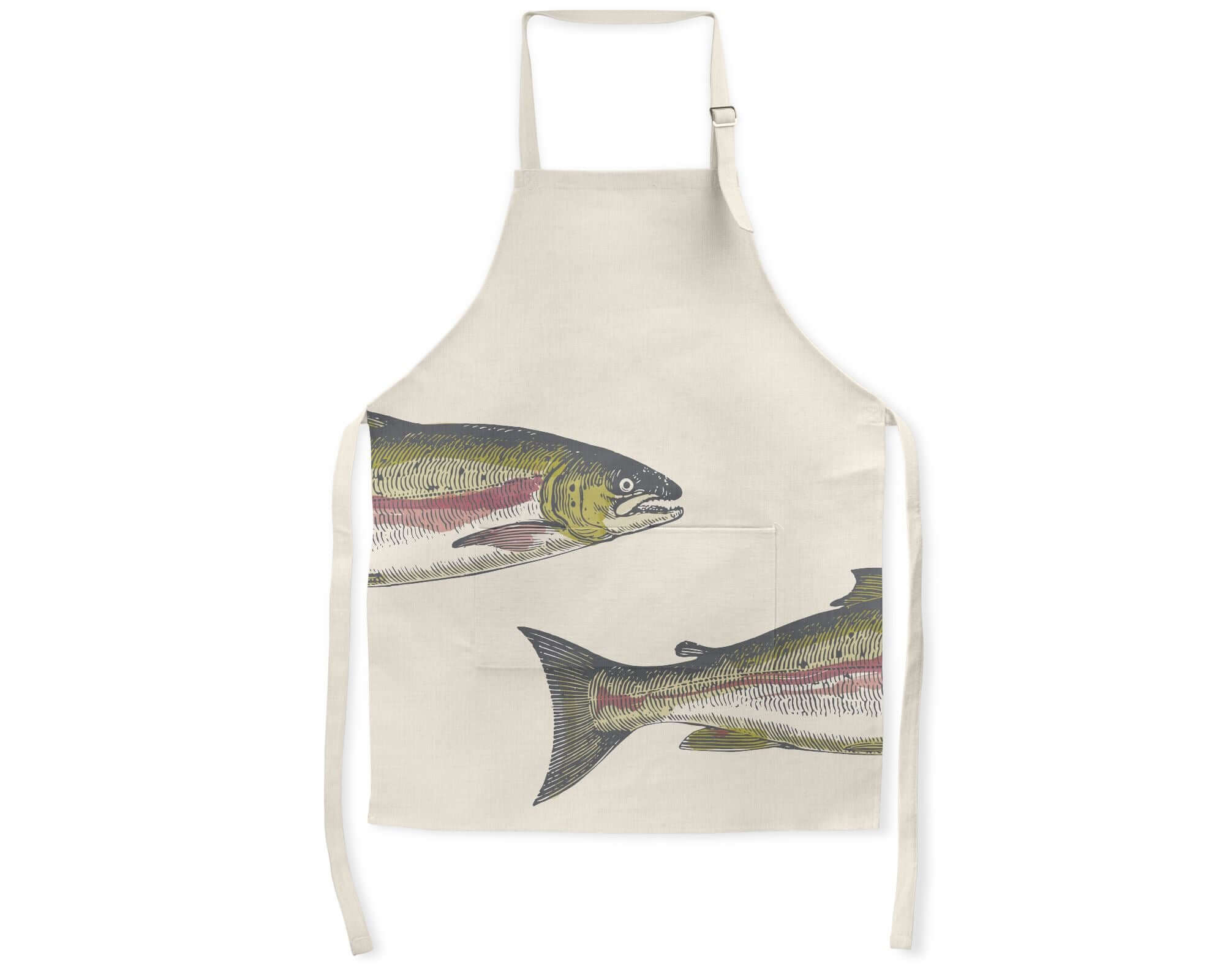 Painted Salmon illustration. Poly linen kitchen apron with salmon head coming from the left and salmon tail leaving the right of the apron. From Mustard and Gray