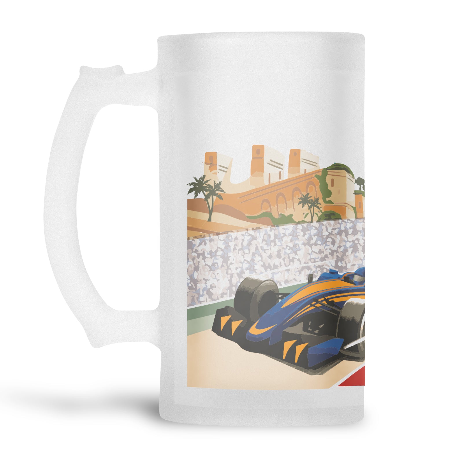 Frosted glass beer stein with an image of F1 Motor racing. Palm trees, buildings and a croud in the background.