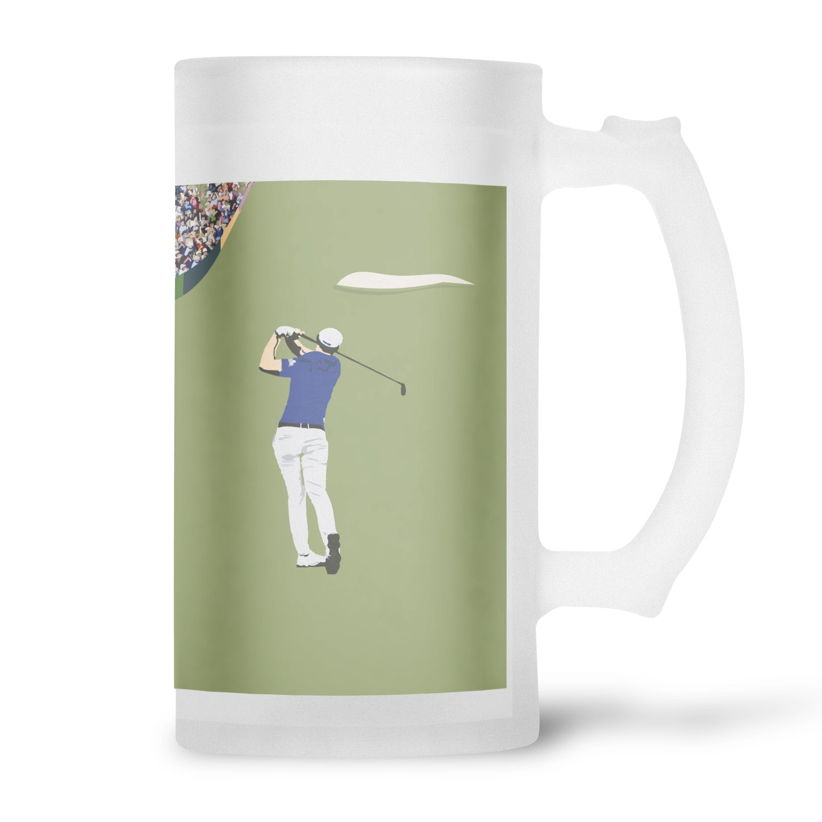  Golf  Frosted glass beer stein. Features golfer and golf buggy illustration.