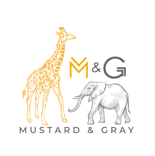 Mustard and Gray Ltd Logo of giraffe and elephant in yellow and grey. M & G. Mustard and Gray are Stationery and Homewares designers, retailers and wholesalers based in Shropshire, UK. We sell worldwide a range of quality made in Britain gifts. 