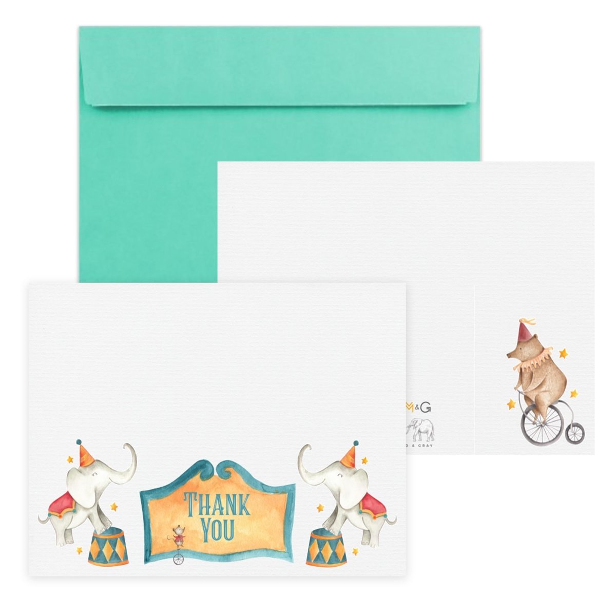 a thank card with an elephant riding a bike