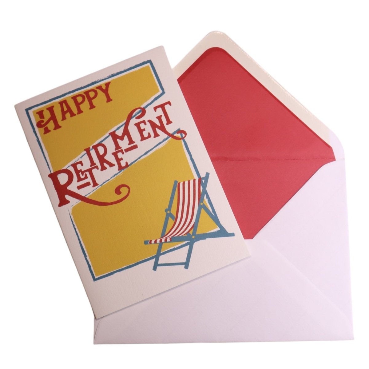 a happy retirement card with a red envelope