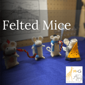 Needle-felted mice wearing colourful scarves and holding Christmas accessories, created for a Mustard & Gray felted-mice workshop.