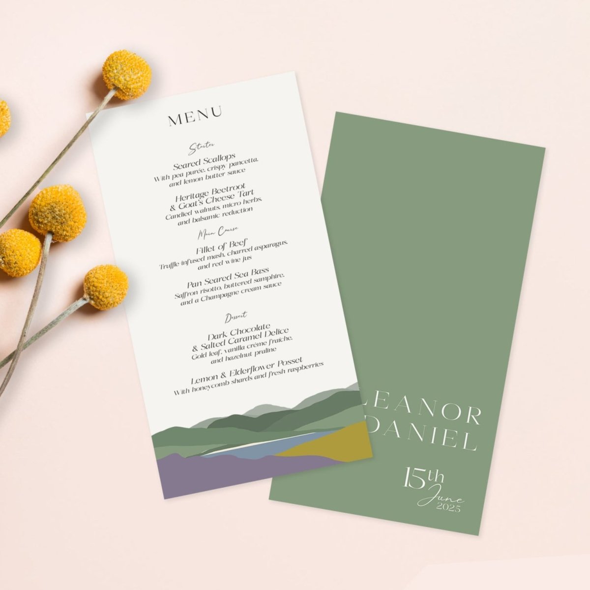Hills Heather and Gorse Wedding Menu Card