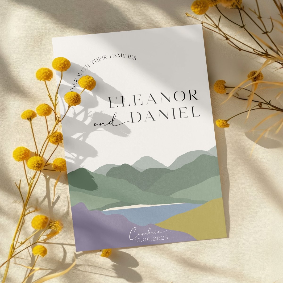 Hills Heather and Gorse Wedding Invitation Flat card 5x7 with Craspedia