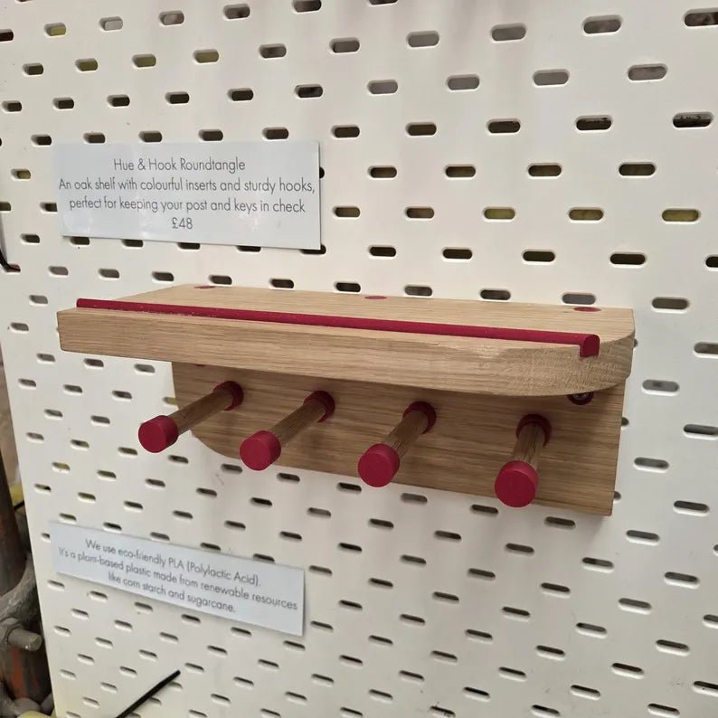 Hue & Hook Oak Entryway Key Holder with Shelf and Peg Hooks