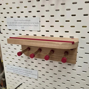 Hue & Hook Oak Entryway Key Holder with Shelf and Peg Hooks