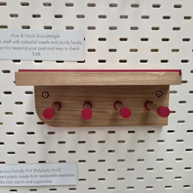 Hue & Hook Oak Entryway Key Holder with Shelf and Peg Hooks