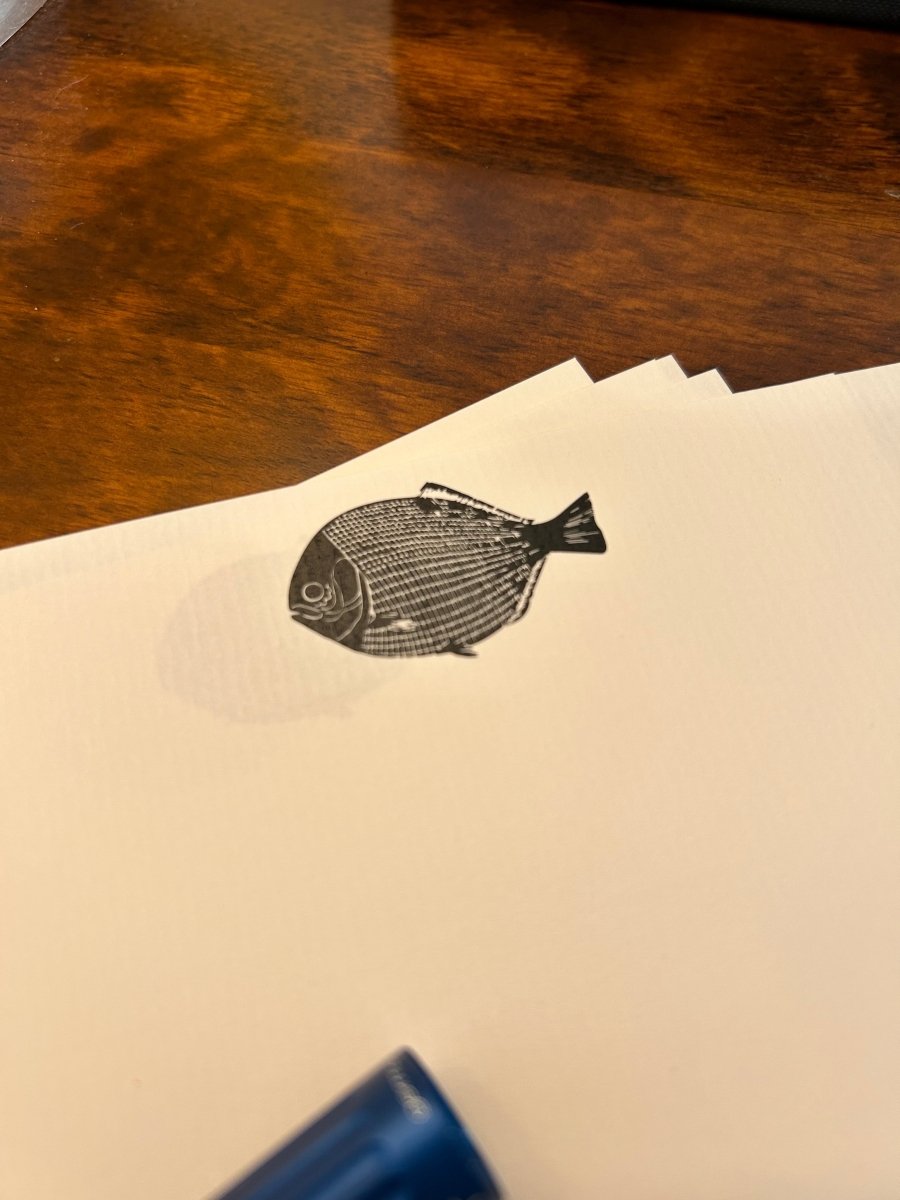 Lino Fish Letter Paper - Laid A5 Writing Paper - Mustard and Gray Ltd