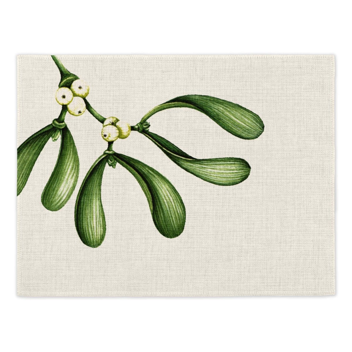 Tis The Season Placemats (Set of Four) - Mustard and Gray Ltd Rectangular linen-look placemat with a botanical mistletoe design. Features green leaves and white berries on a neutral fabric background.