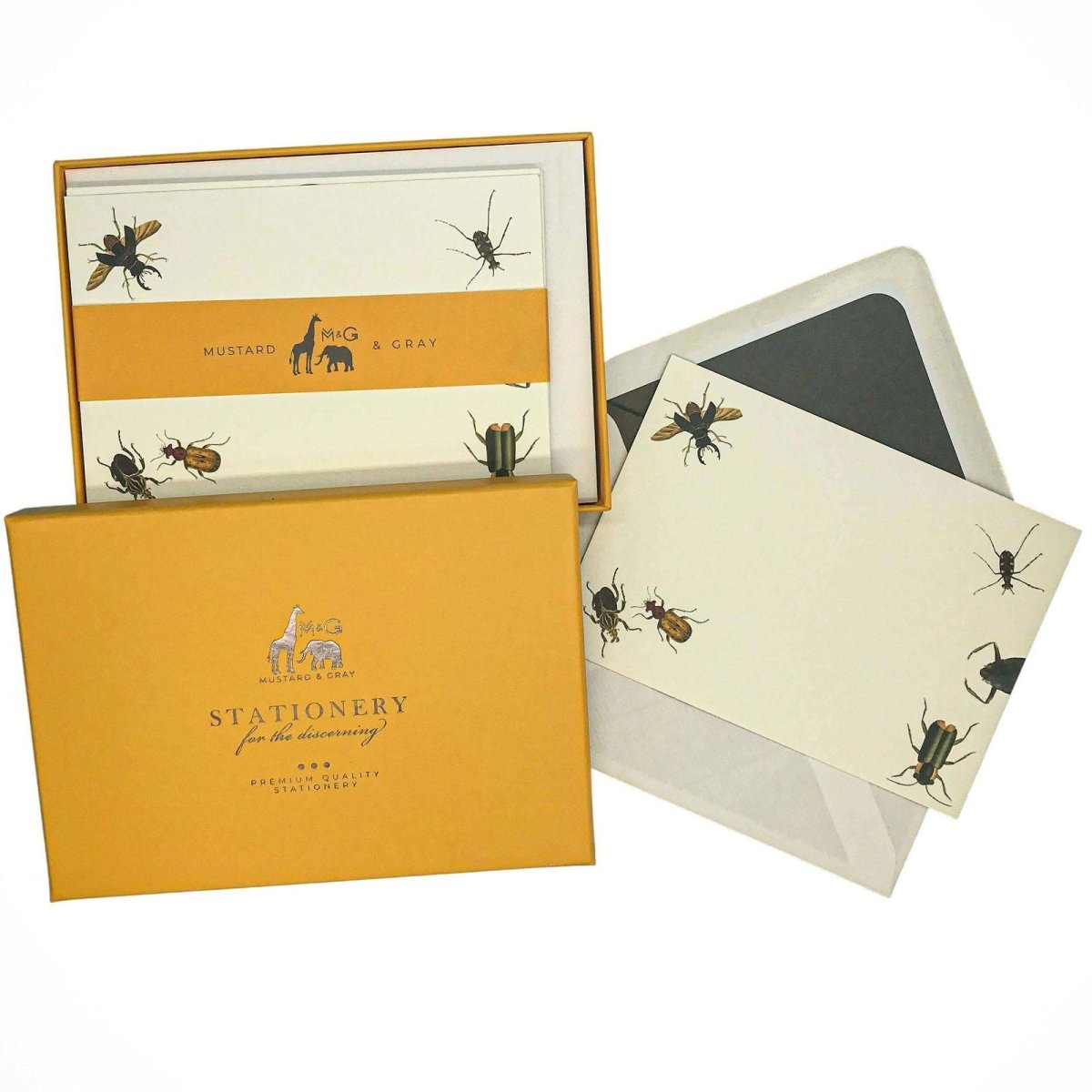 Vintage Bugs Notecard Set with Lined Envelopes - Mustard and Gray Ltd
