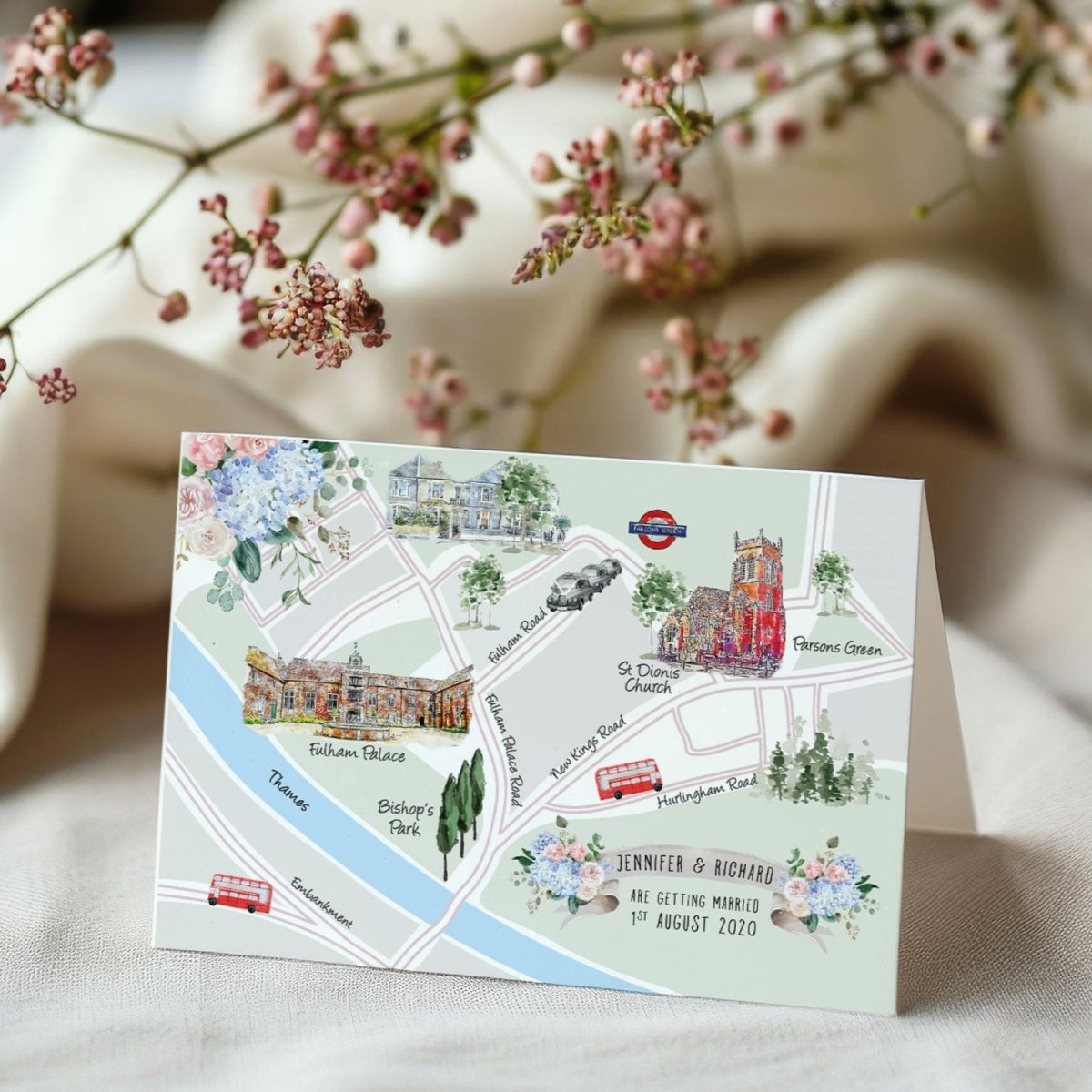 Wedding Map Folded Invitation Card Stationery from Mustard and Gray. Custom watercolour wedding invites