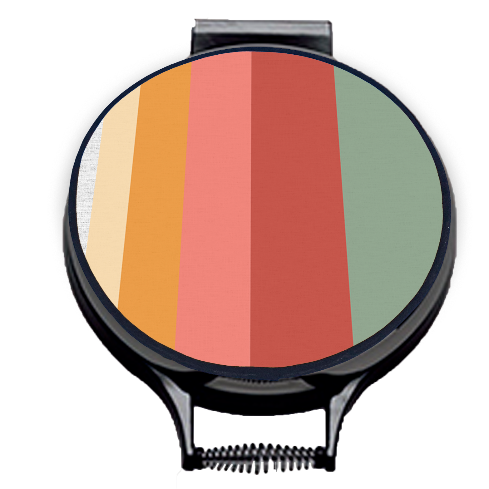 Stripes of green, red, pink and orange on beige linen circular hob cover with black hemming. Chef's hob cover. Pictured on metal cooker lid on an isolated background. Mustard and Gray