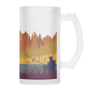 Autumn Coatse Fishing carp pole frosted beer stein glass with autumnal trees in oranges and yellows with blue water and purple bull rushes with fisherman in the foreground. From Mustard and Gray. Luxury mens gifts