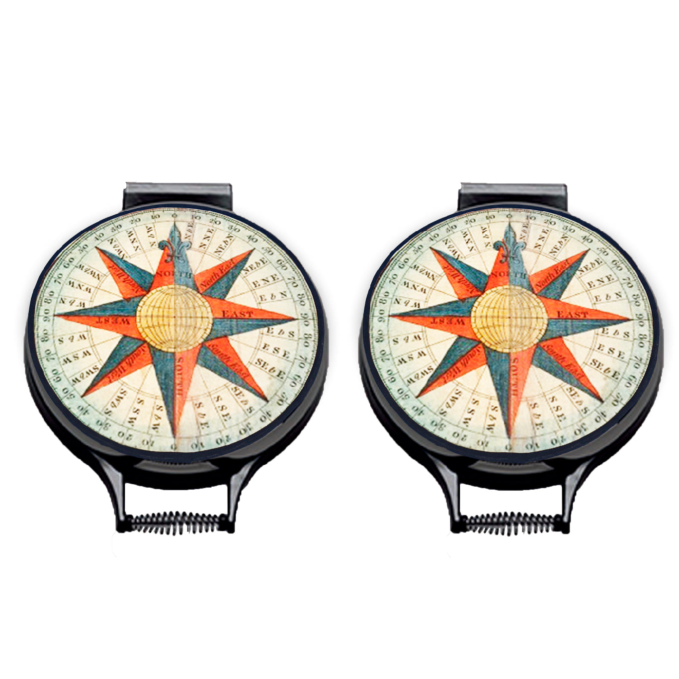 Set of two. vintage compass print with red and blue detail printed on a beige linen circular hob  covers with black hemming. Pictured on metal aga lid on an isolated background. Mustard and Gray