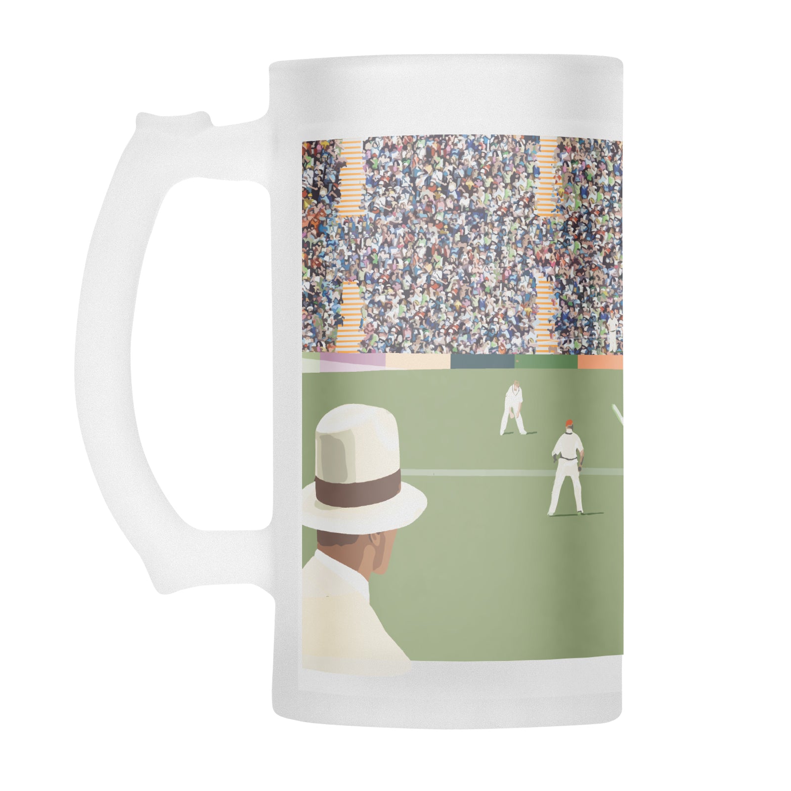 Cricket illustration with cricketers on the pitch with stadium in the background and panama hat man in the corner, printed onto a frosted glass beer stein from Mustard and Gray