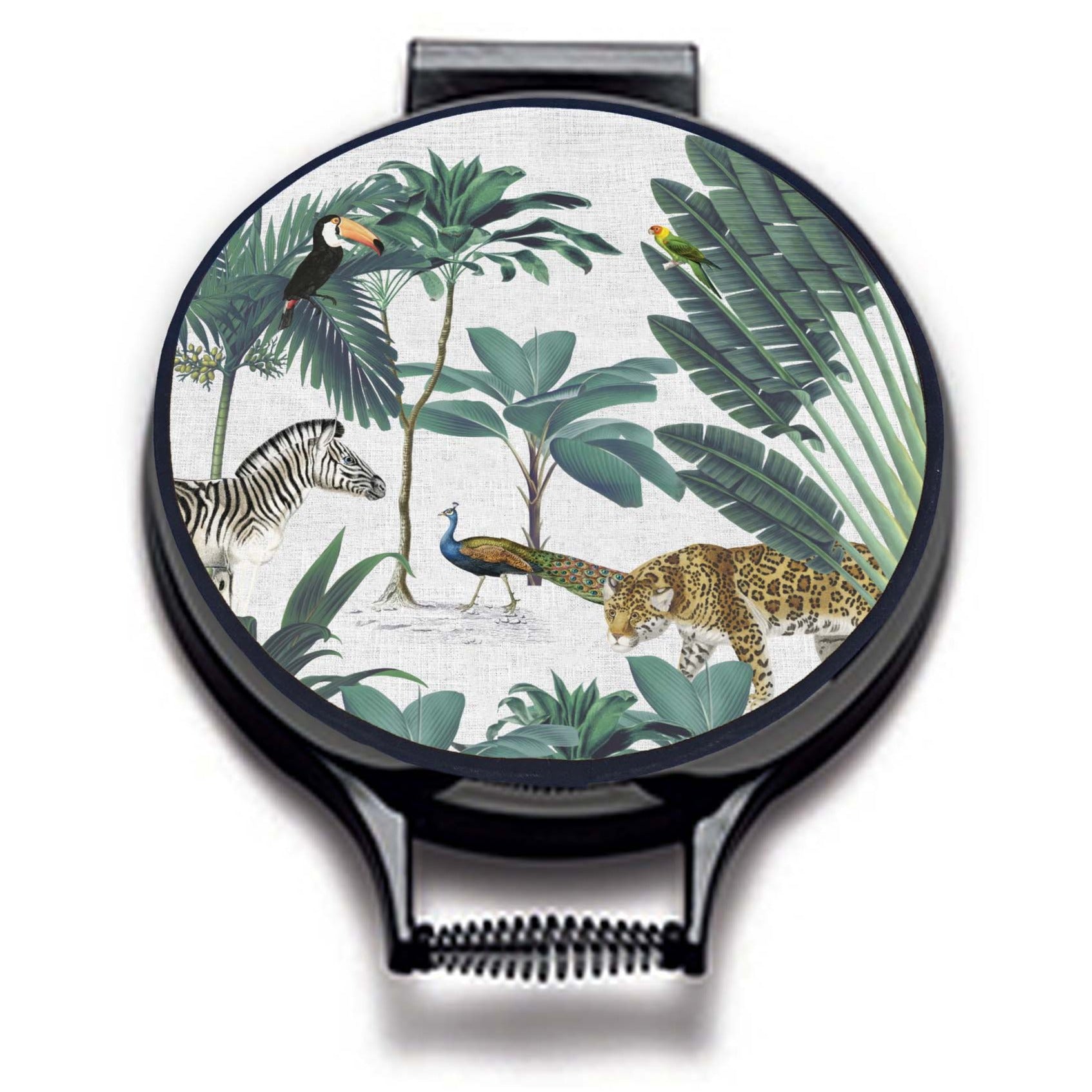 darwin's menagerie tropical print with palms, peacock, zebra, leopard painting on a beige linen circular hob cover with black hemming. Pictured on metal hob lid on an isolated background. Mustard and Gray
