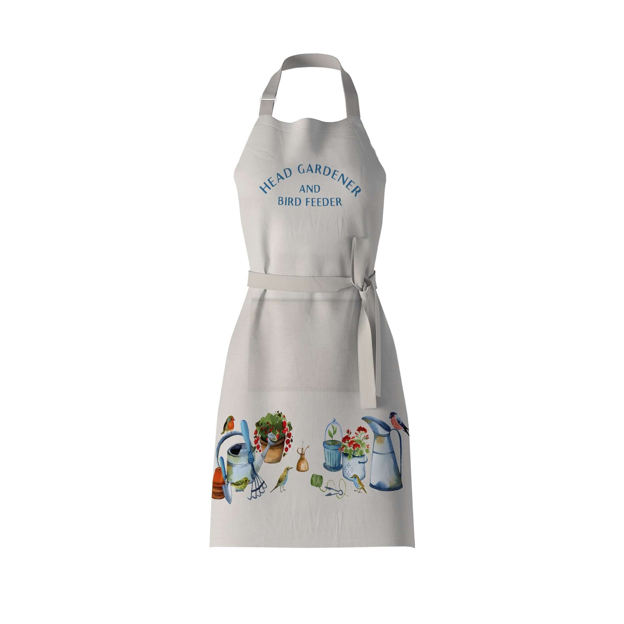 Gardening Apron iwth garden birds, plants and gardening tools woth head gardener and bird feeder on poly linen apron. Mustard and Gray