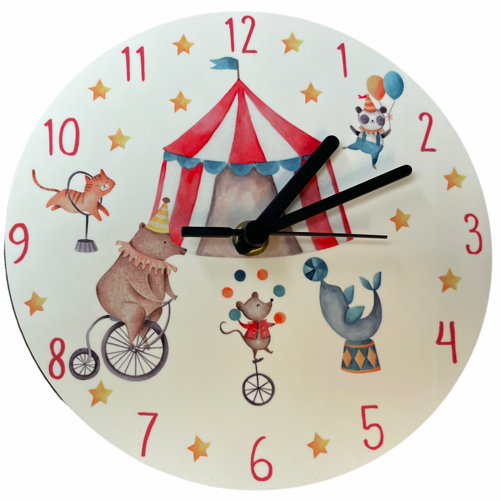 Circus themed childrens clock for a kids bedroom or nursery witha  bip top, bear, mouse, seal, cat and panda with stars on teh clock face. Black hands with second hand. From Mustard and Gray