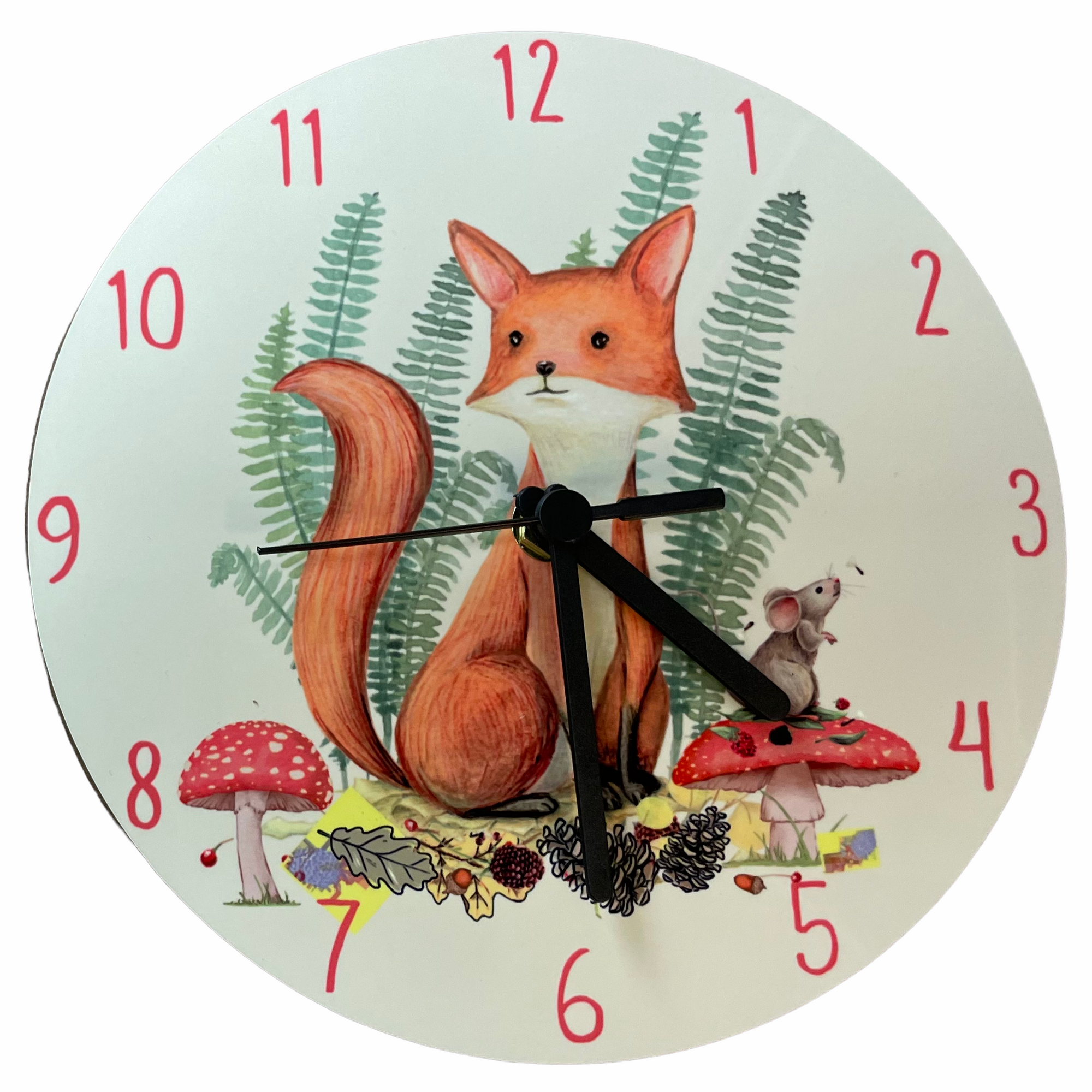 Nature themed childrens clock for a kids bedroom or nursery witha  fox, mouse, toadstool, mushroom, pine cones and acorns with ferns on the clock face. Black hands with second hand. From Mustard and Gray