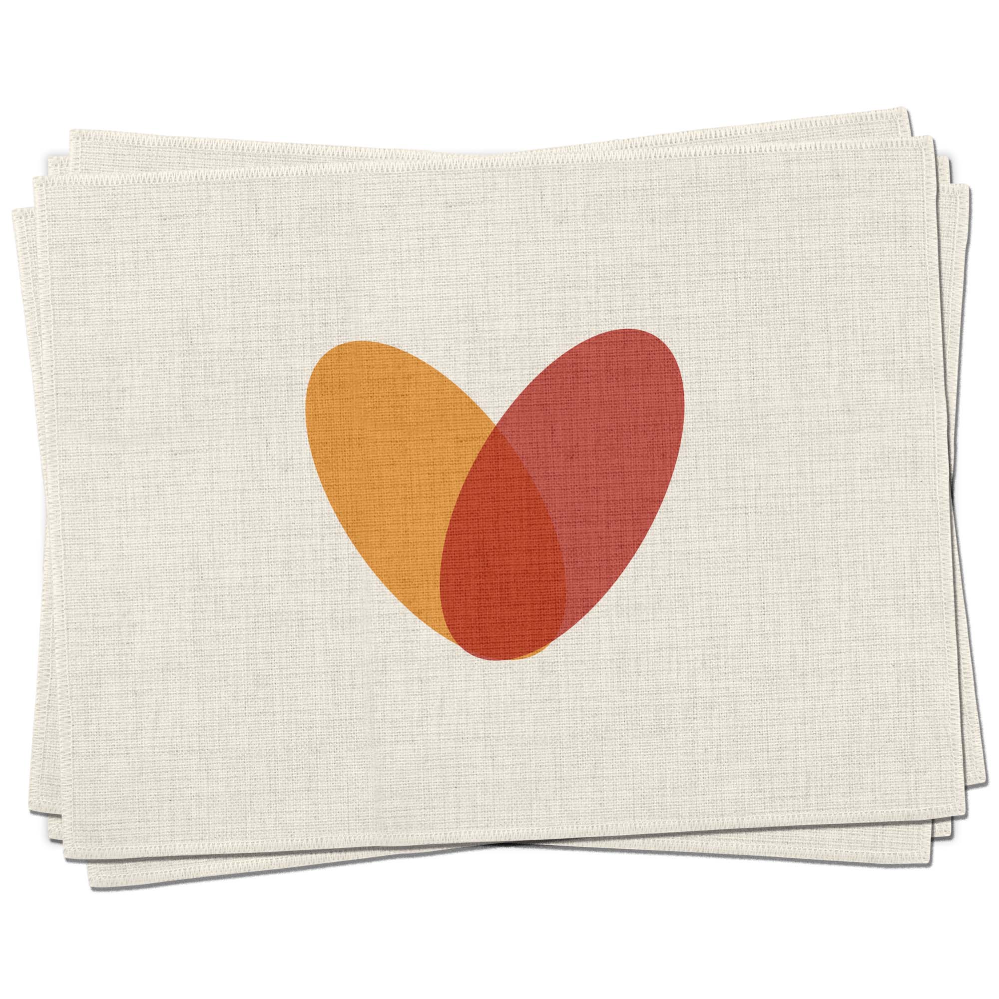 Stack of linen effect placements featuring a graphic heart design made from two overlaid ovals, one in orange and one in red. Mustard & Gray Placemats.