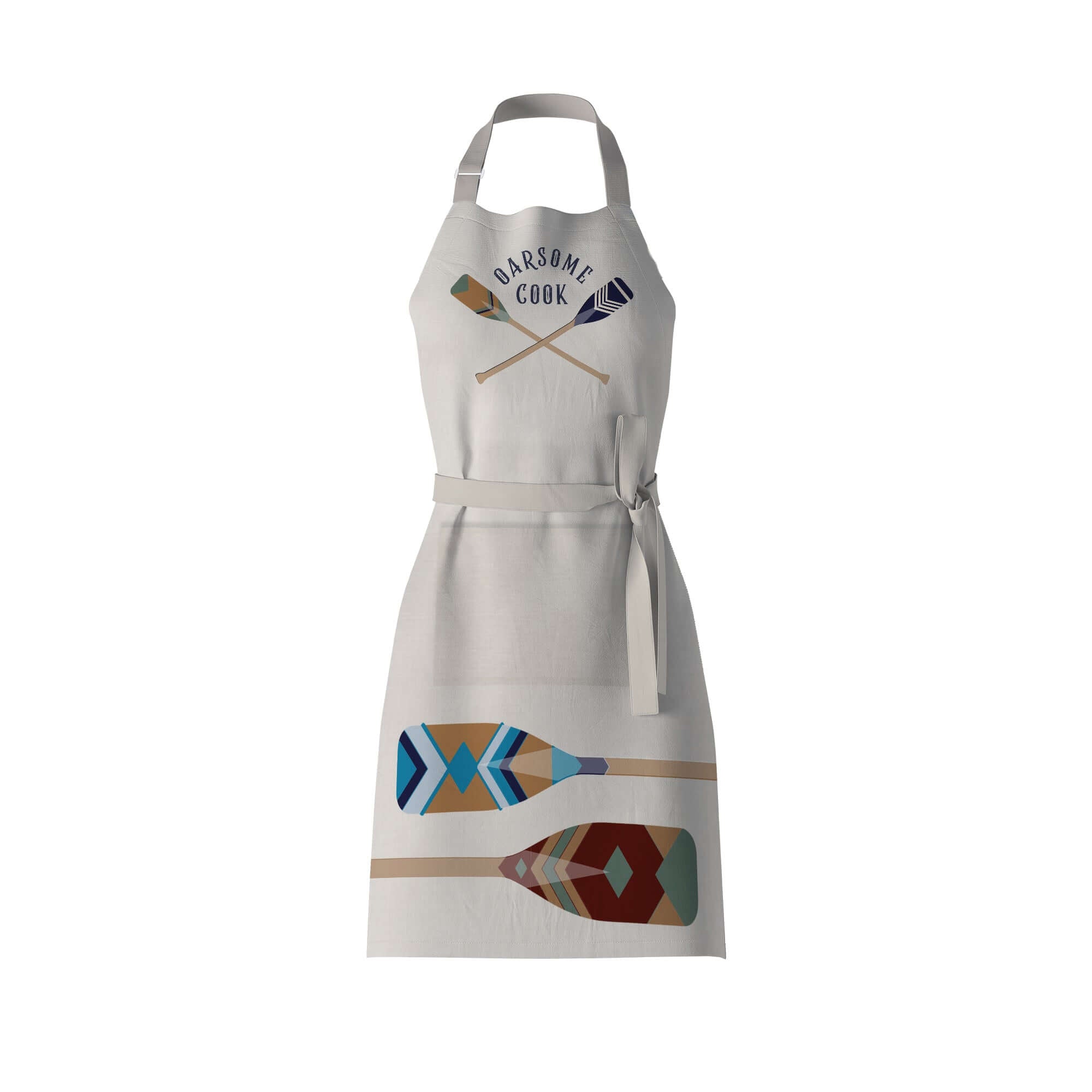 Kitchen apron with "Oarsome Cook" on the bib with crossed oars and pattern painted oars pattern across the bottom from Mustard and Gray rowing gift