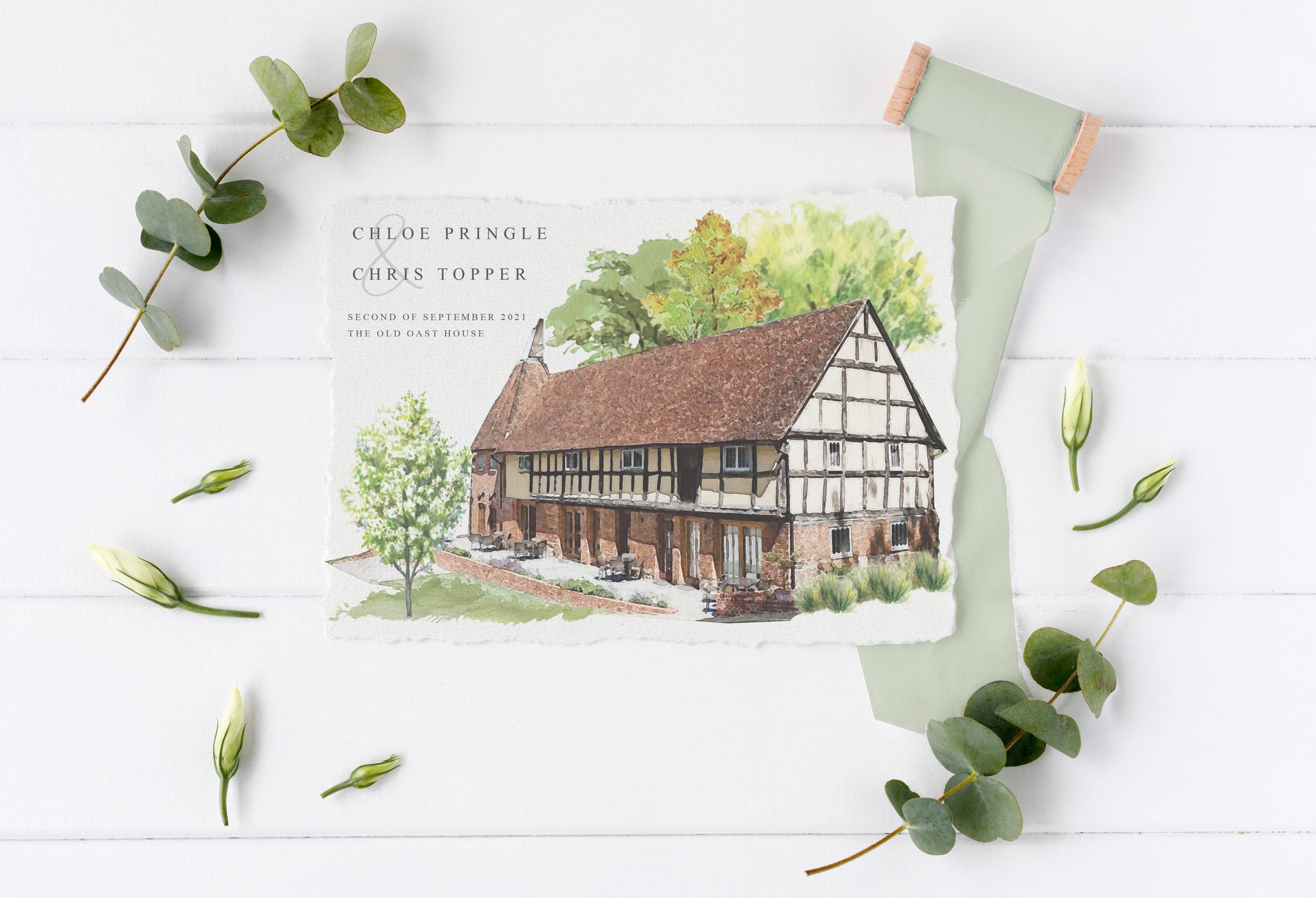 The Old Oast House Wedding Invitation with watercolour painting of timbe frame oast house and trees