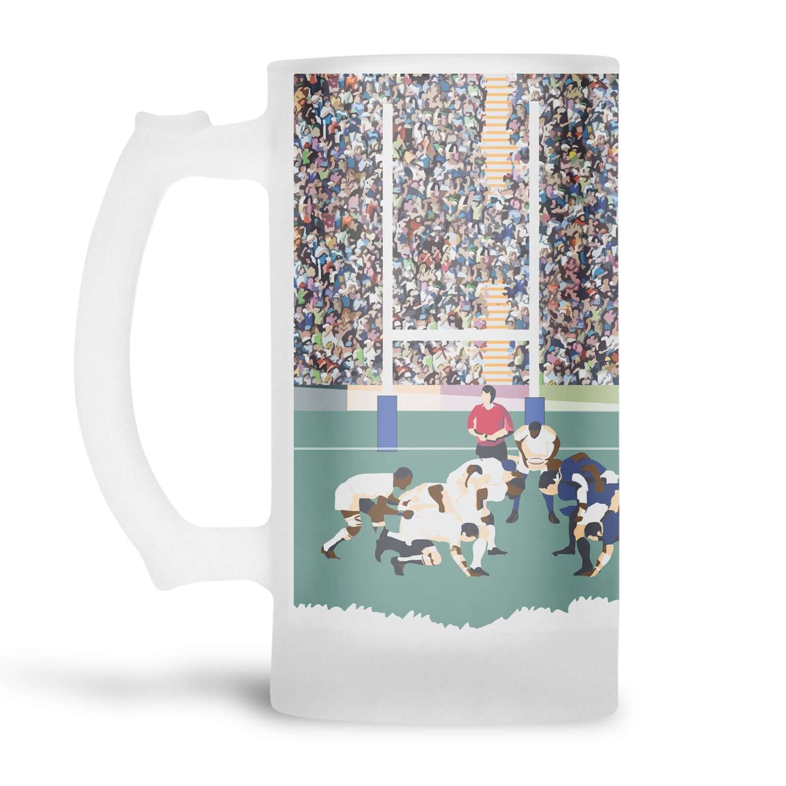 Rugby Scrum in front of goals on pitch with stadium printed on a fristed glass beer stein from Mustard and Gray