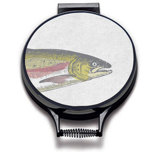 Painted illustration of a salmon fish with green and pink colouring print on a beige linen circular hob cover with black hemming. Fish head on one hob pad. Pictured on metal cooker lid on an isolated background. Mustard and Gray Severn Salmon Circular Hob Cover