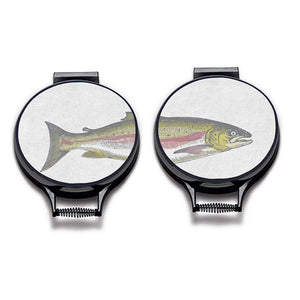 Set of two. painted illustration of a salmon fish with green and pink colouring print on a beige linen circular hobcover with black hemming. Fish head on one hob pad and fish tail of the other hob pad. Pictured on metal cooker lid on an isolated background. Mustard and Gray Severn Salmon Circular Hob Cover