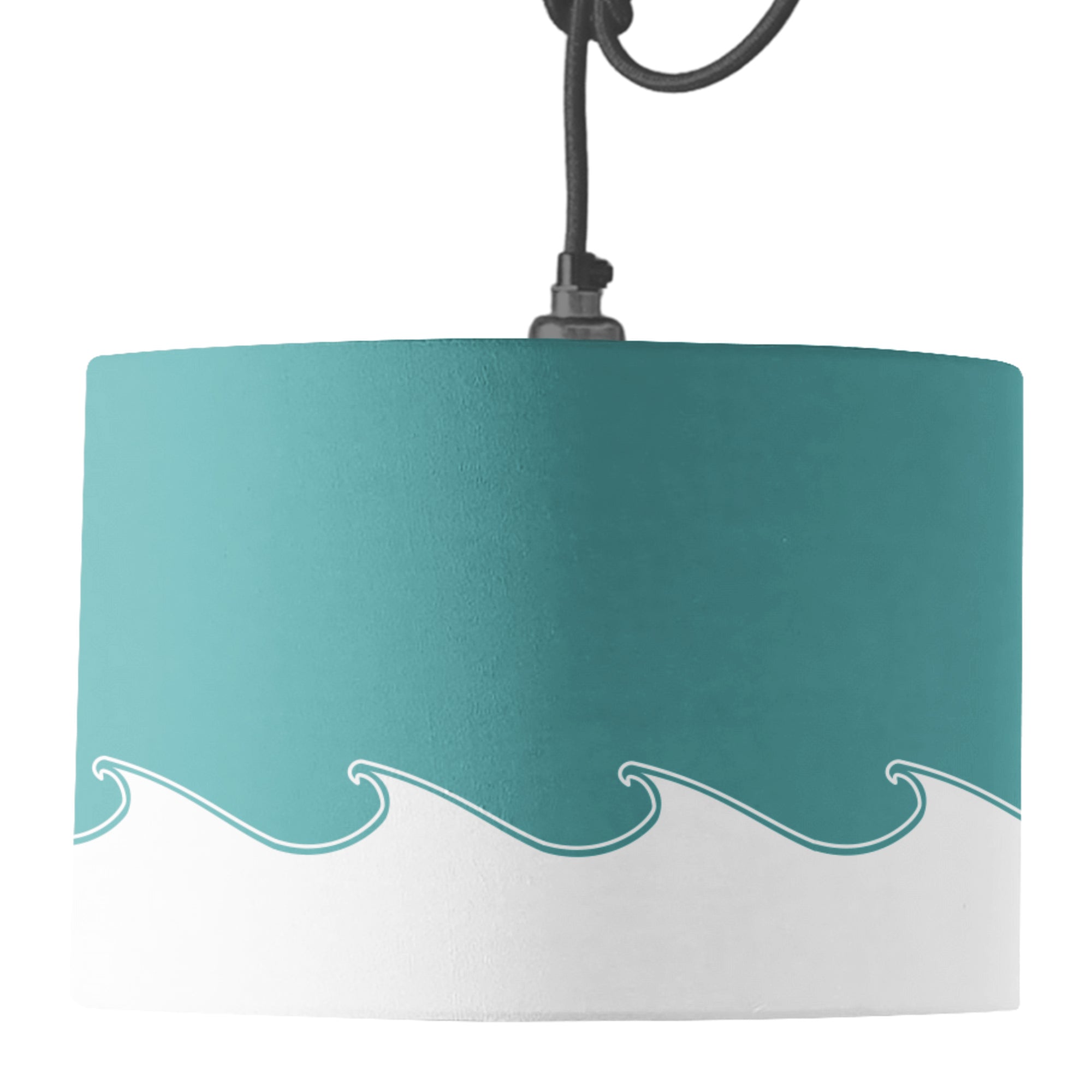 Pendant lampshade dressed with a drum lampshade featuring a vintage white wave design on sea green background.