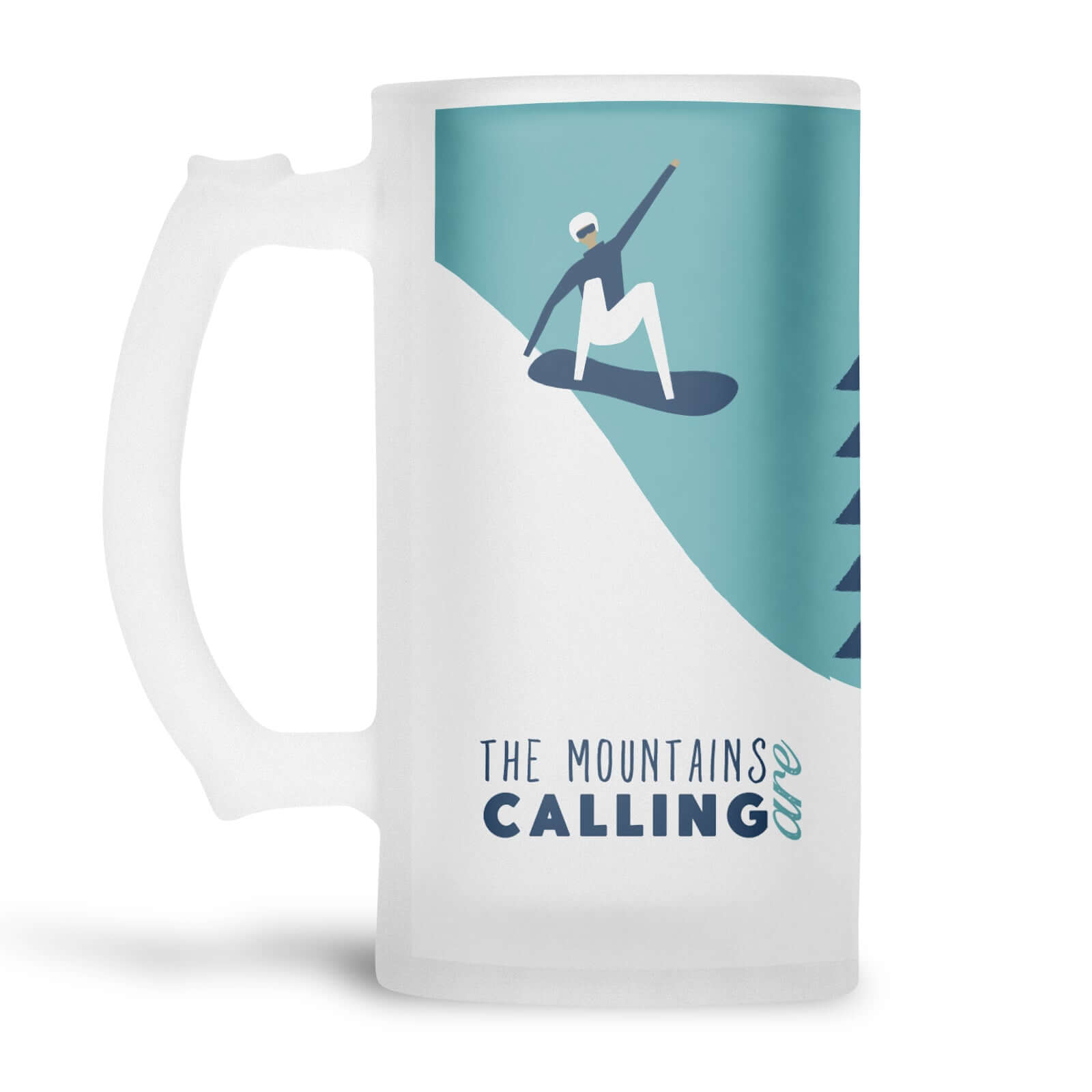 Snowboarding with The mountains are calling slogan printed onto a frosted glass beer stein from Mustard and Gray