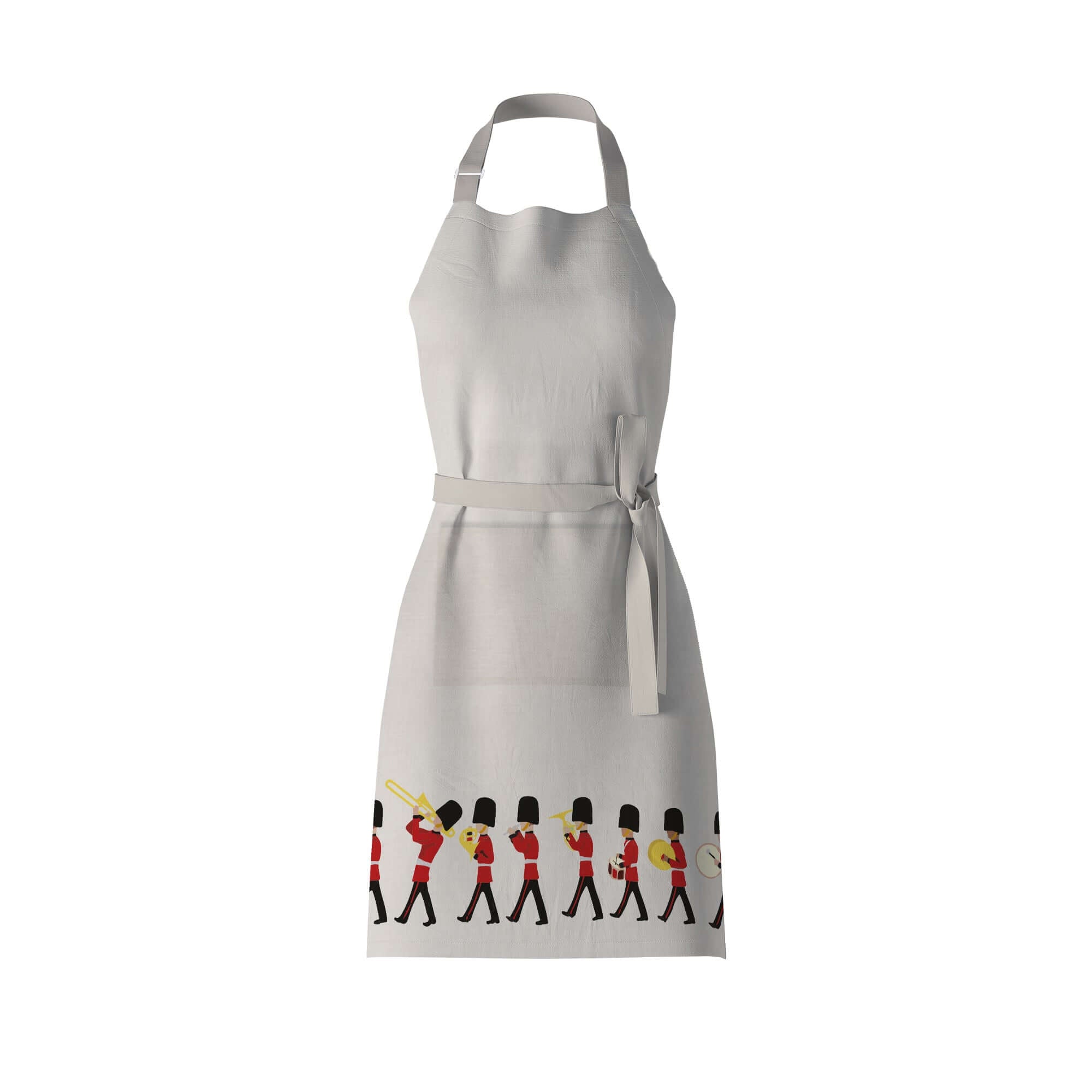 London changing of the guards marching band kitchen apron made from poly linen from mustard and gray. 