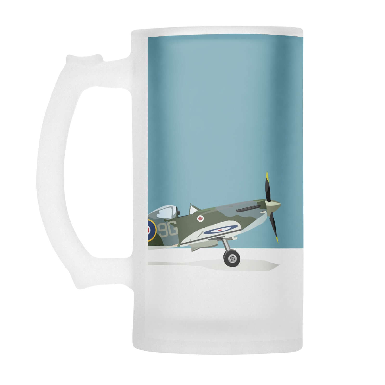 World War Two  (WW2) Spitfire fighter plane on a blue colour block printed onto a frosted glass beer stein from Mustard and Gray