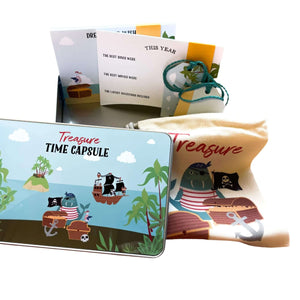 Pirate Time Capsule set from Mustard and Gray. Printed keepsake tin with cards and memorys bag. Time Capsule Gift Set