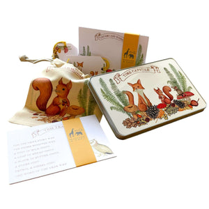 Nature Time Capsule set from Mustard and Gray. Printed keepsake tin with cards and memorys bag. Time Capsule Gift Set